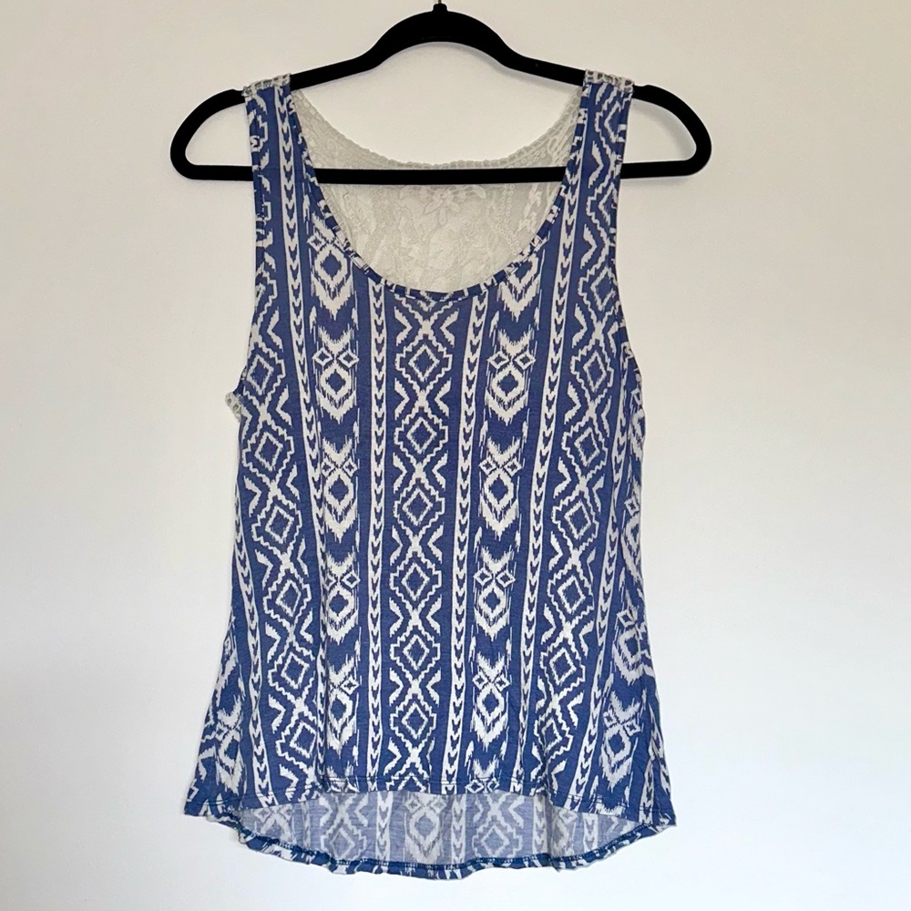 Rue21 Blue and White Tank Top with Lace Back